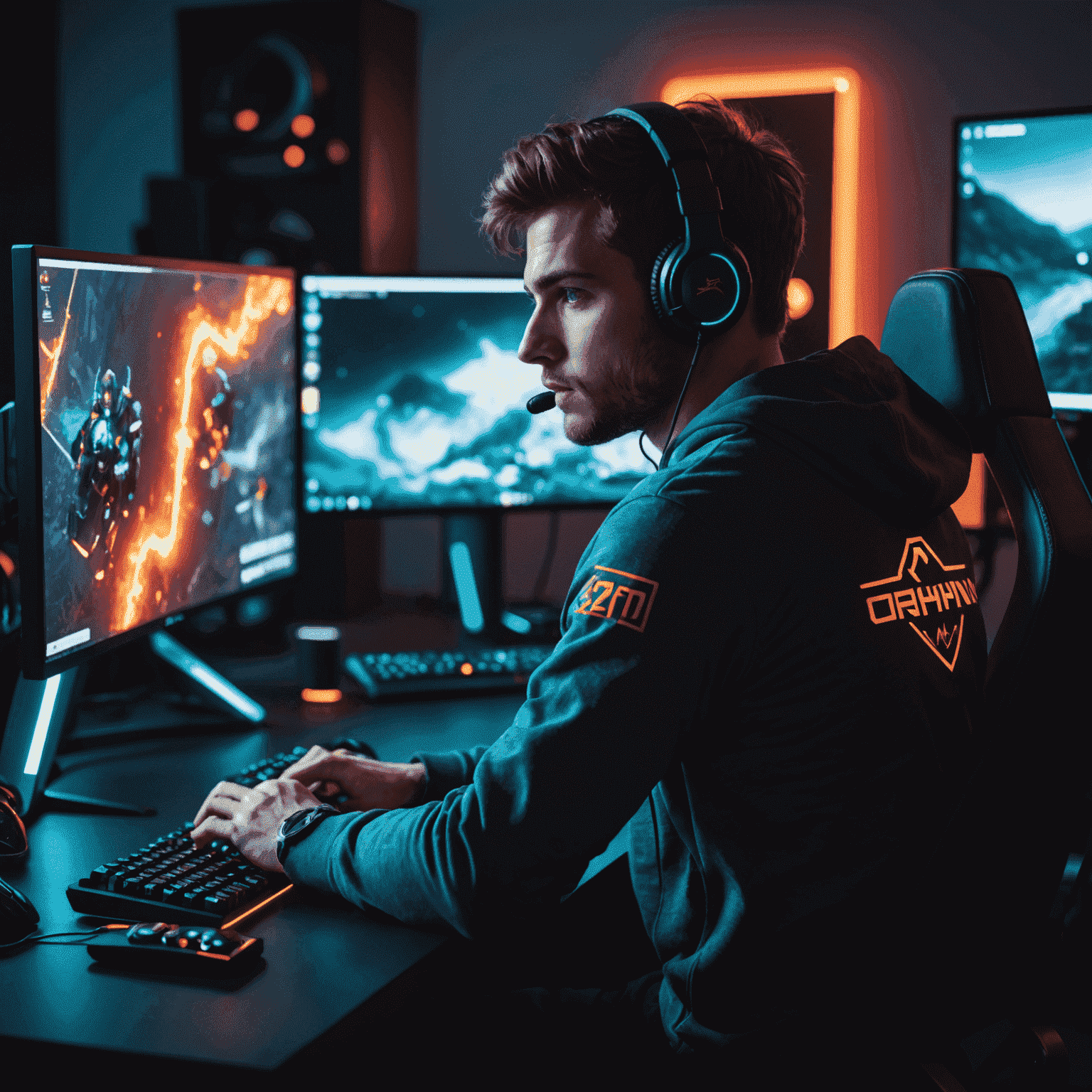 A focused gamer intensely playing an online game on their high-performance gaming setup, with multiple monitors and colorful LED lights