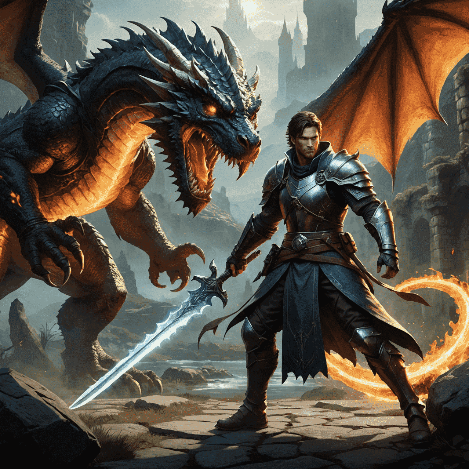 A promotional image for a new action RPG game set in a fantasy world, showing the main character wielding a glowing sword against a dragon