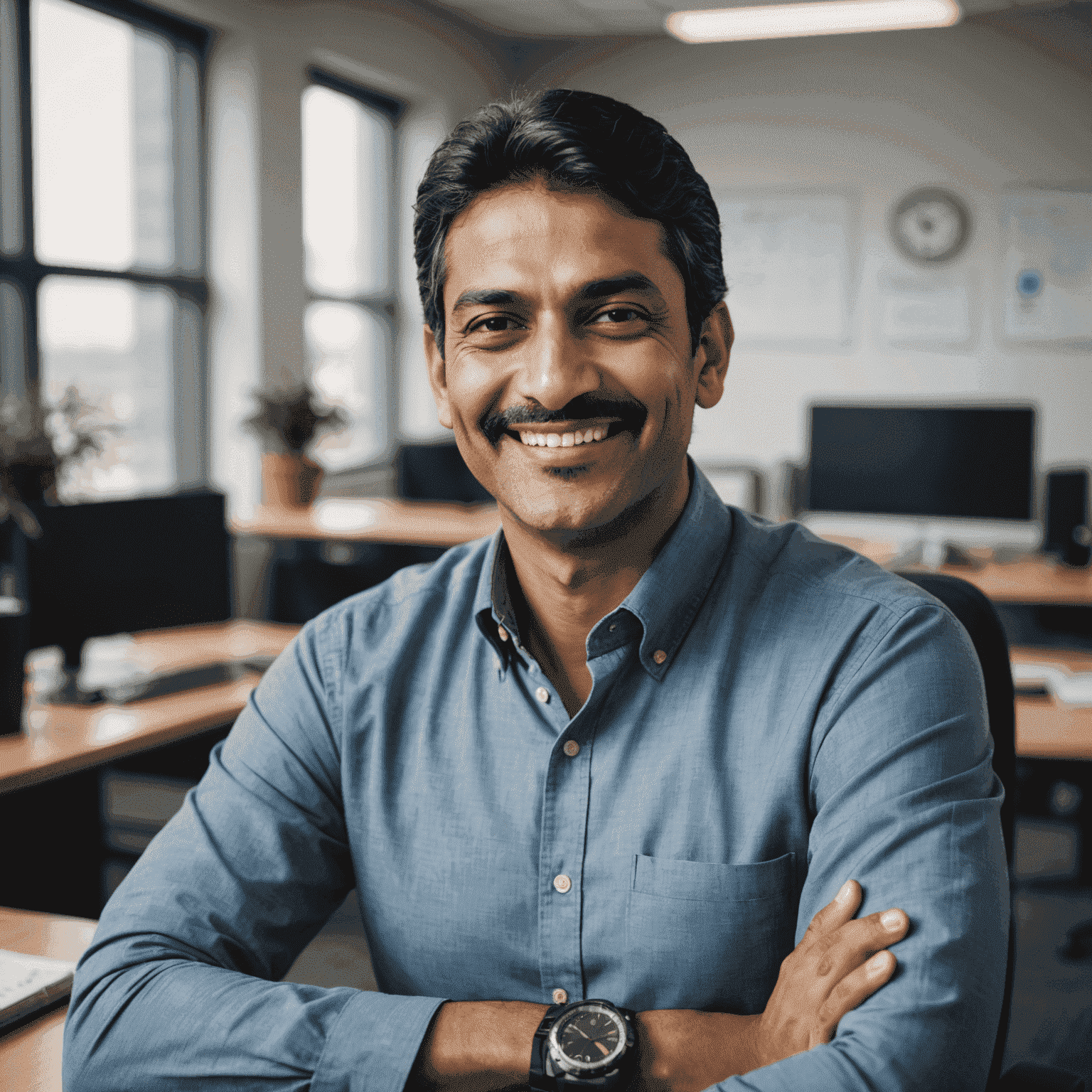 Portrait of an Indian game studio head smiling confidently in an office setting