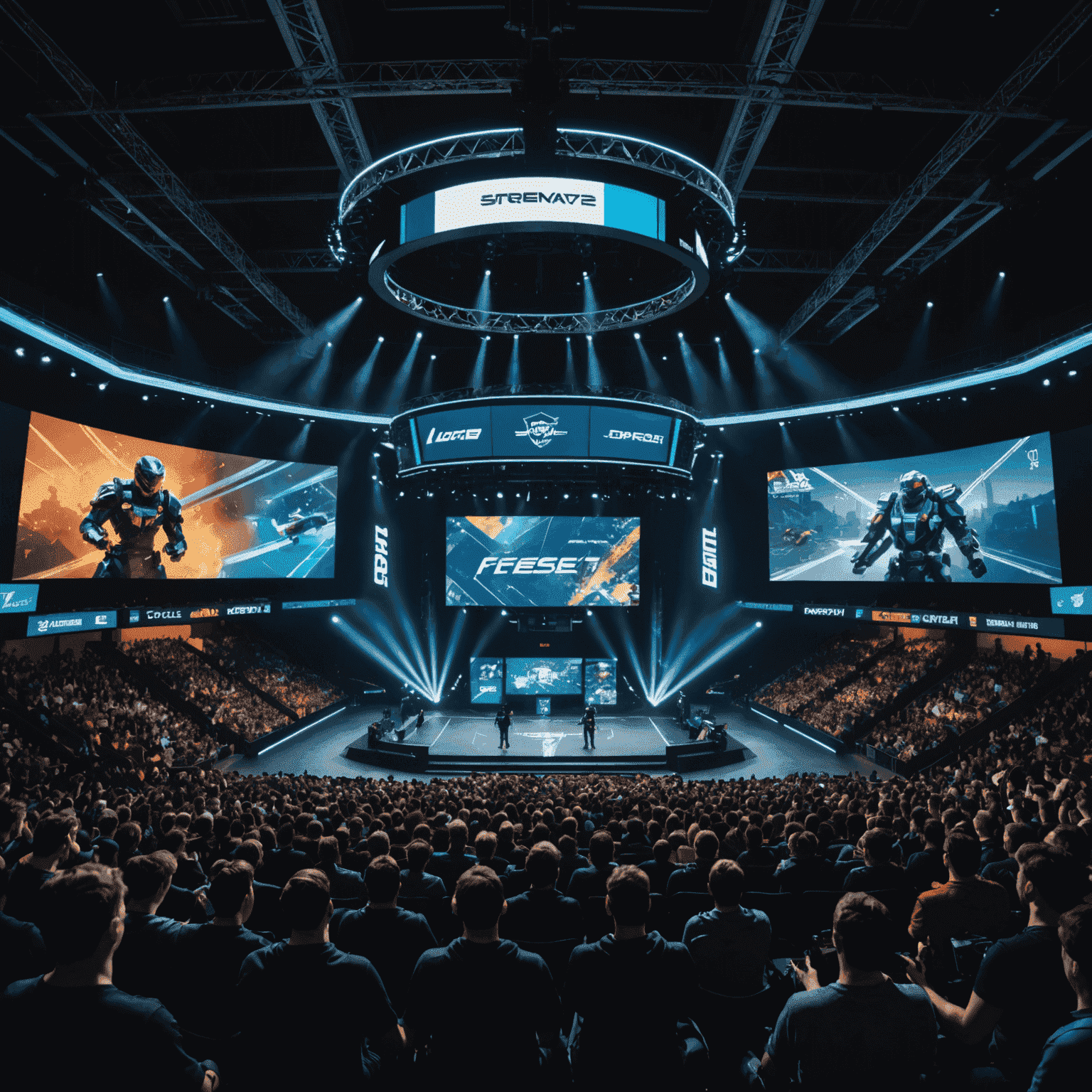 A large esports tournament arena filled with excited fans and competitors playing on a well-lit stage with large screens displaying gameplay