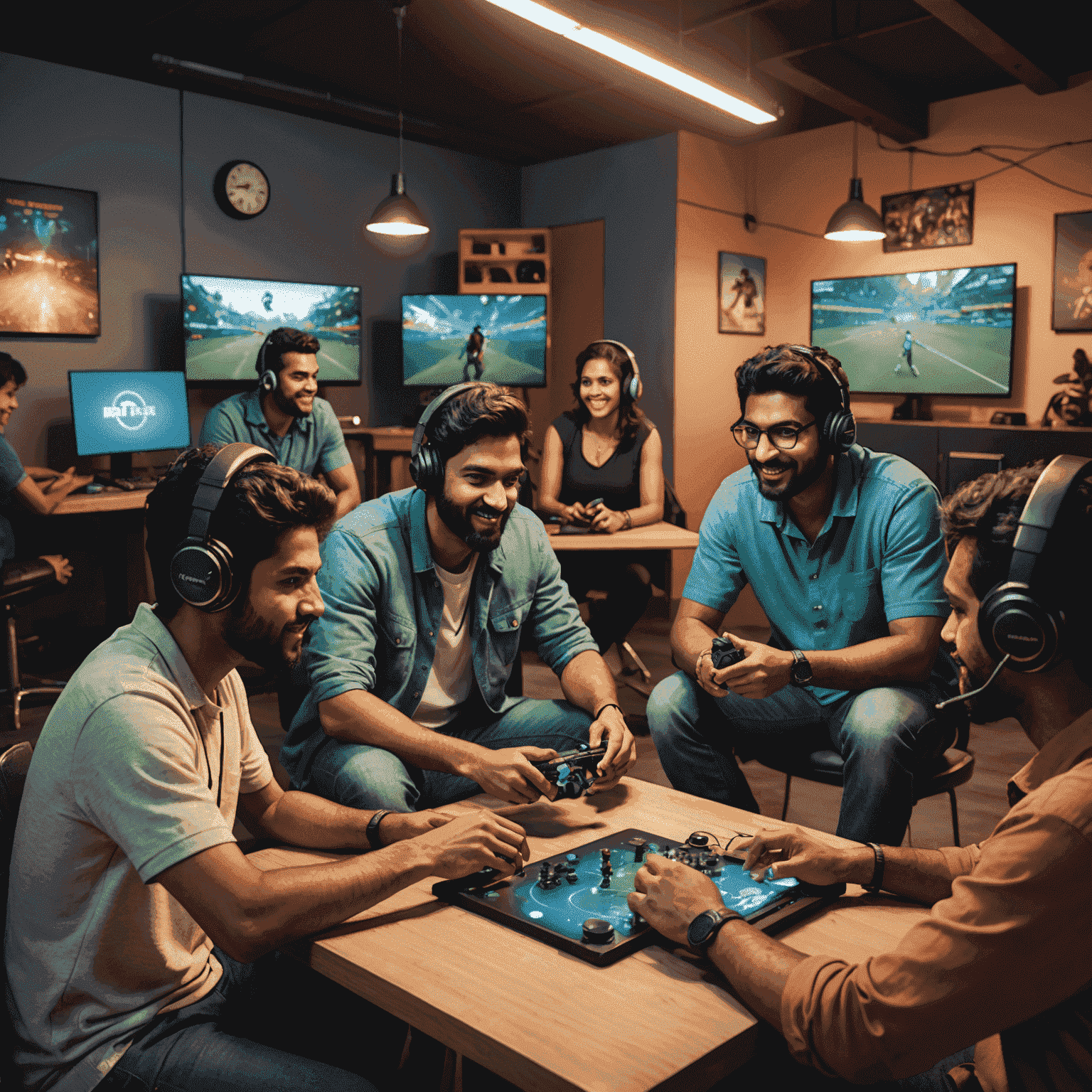 Illustration of a diverse group of Indian gamers interacting and playing together in a virtual game space, representing a thriving and engaged gaming community