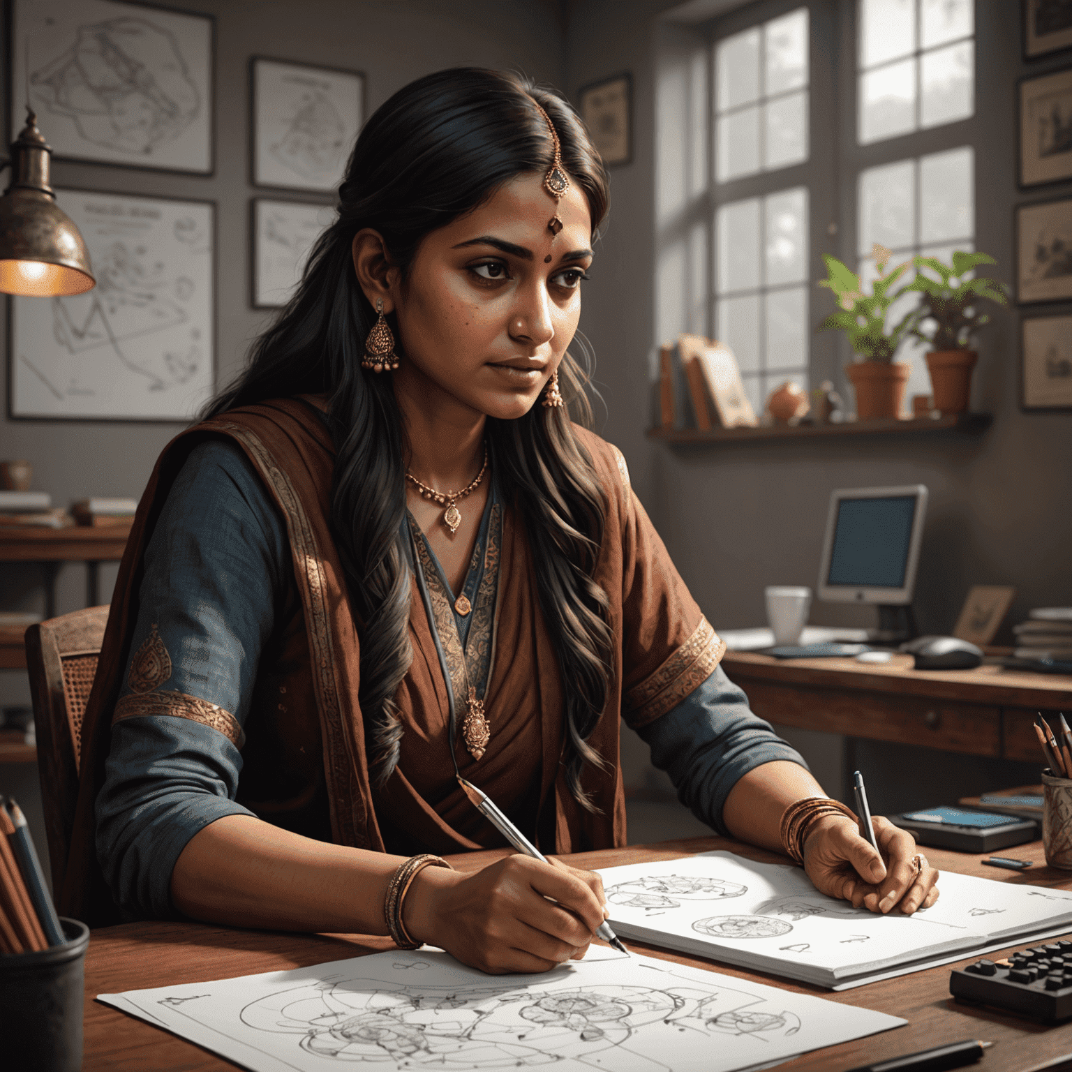 Indian female game designer explaining game concepts and sketches