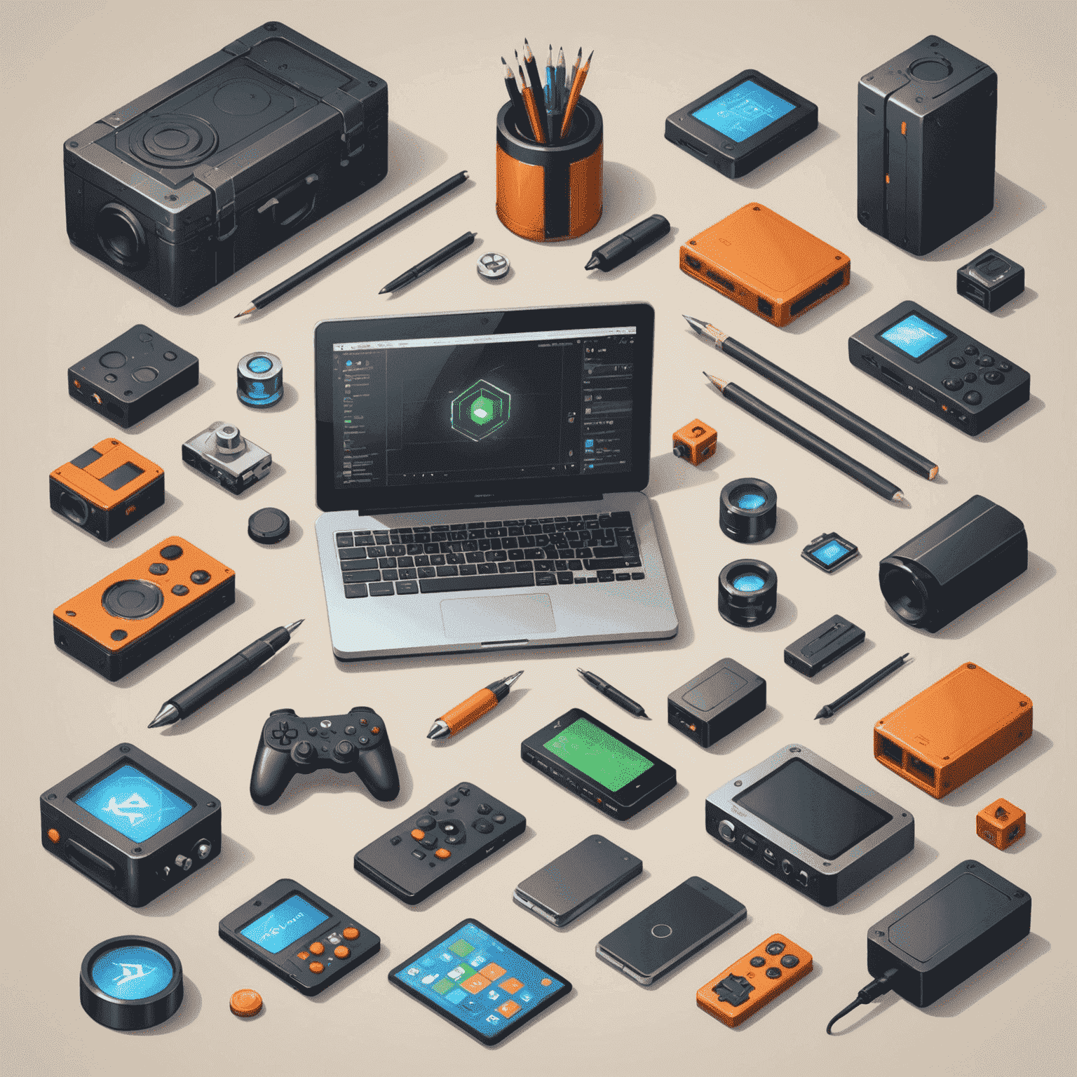 Illustration of game development tools and assets, representing comprehensive game development services