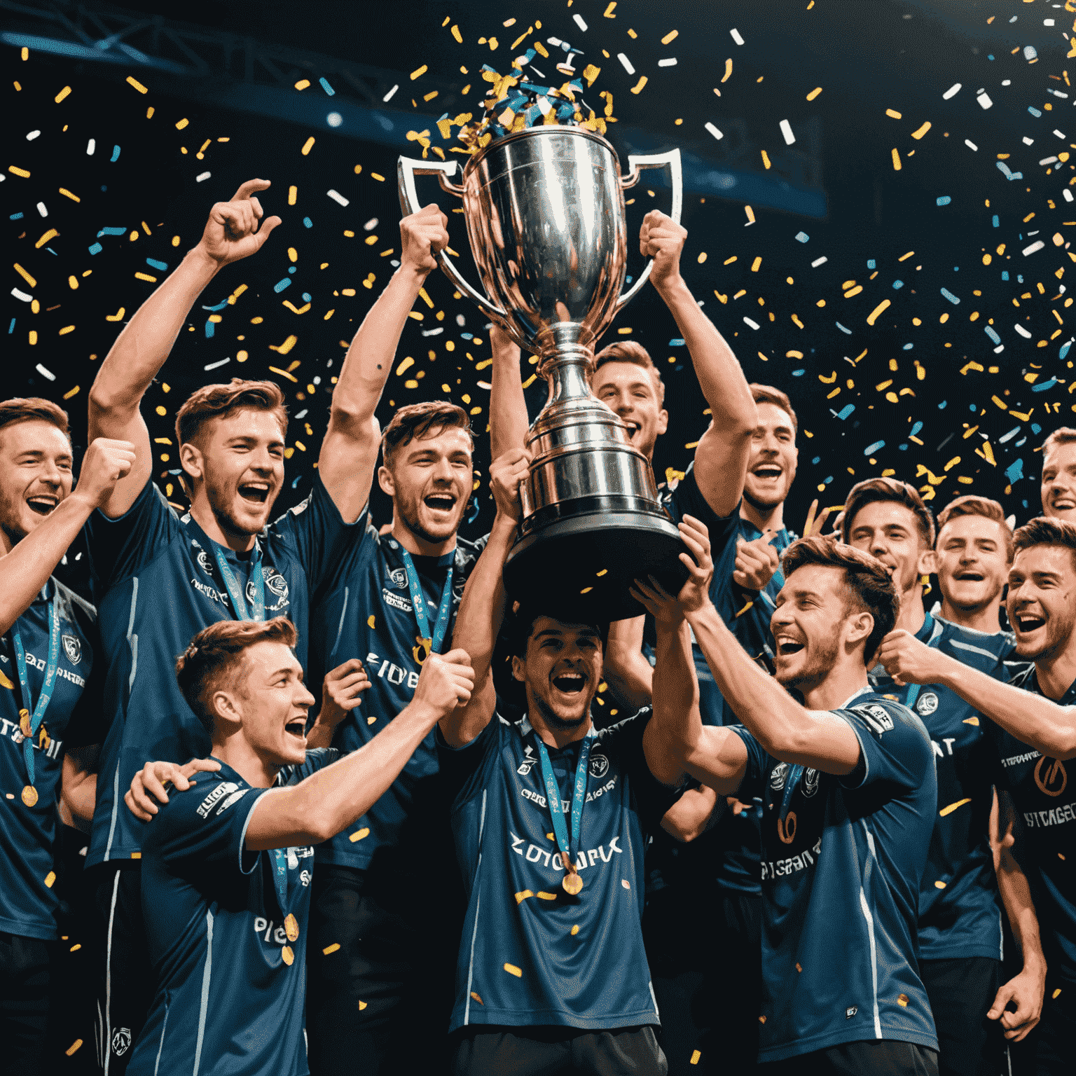 Triumphant esports team celebrating on stage with a large trophy and confetti falling around them after winning an intense tournament