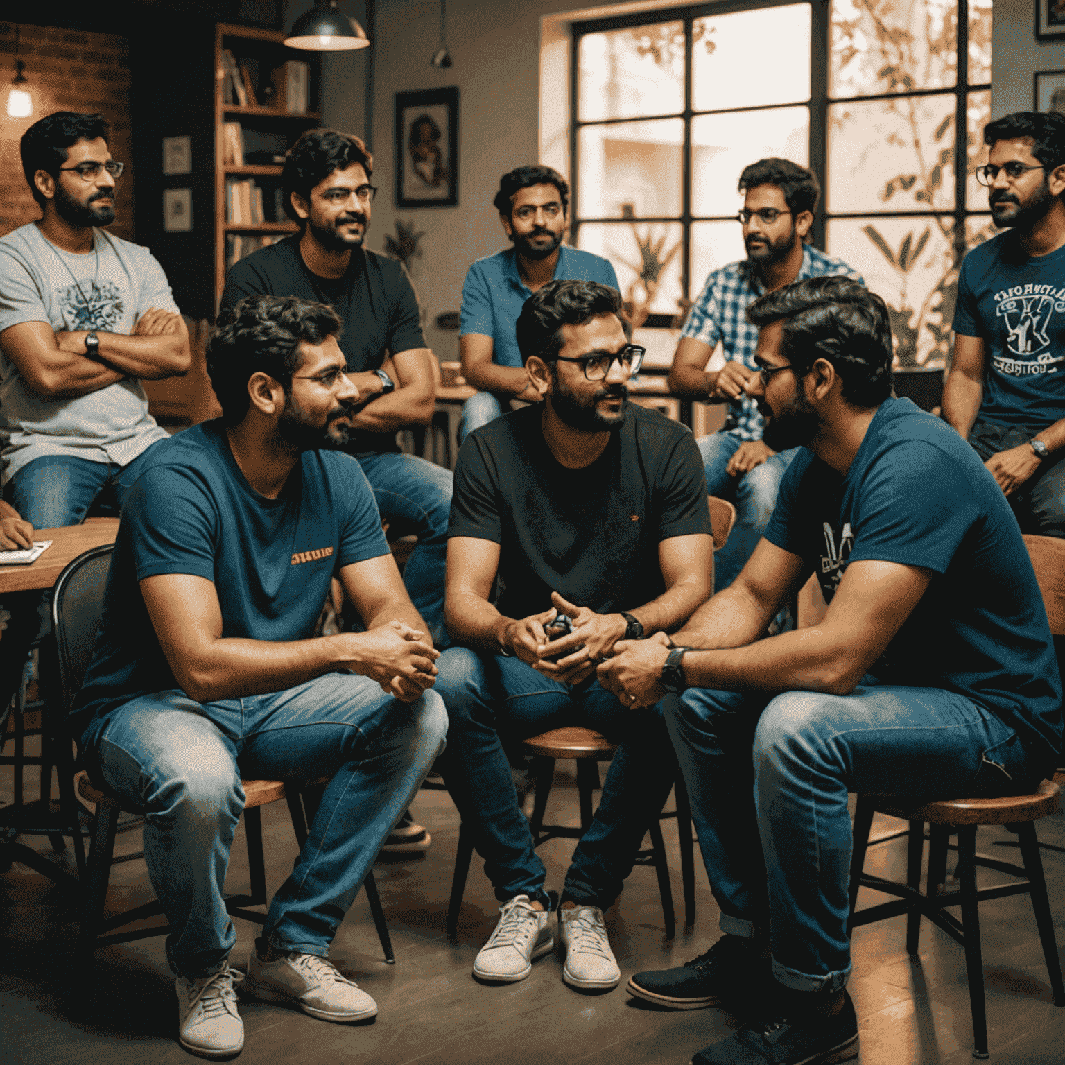 A group of Indian game developers discussing and collaborating on a new project, representing the creative process and insights shared in exclusive interviews