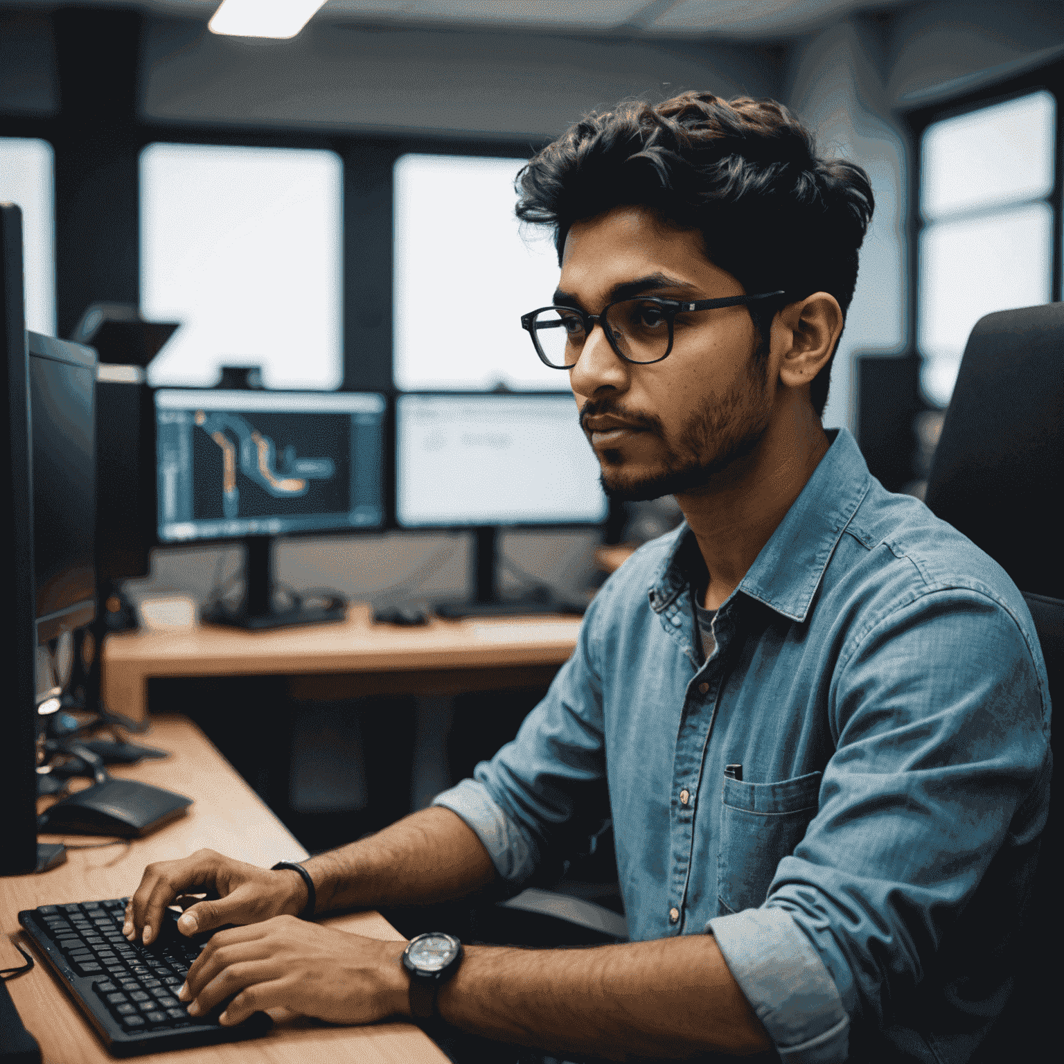 Young Indian male game developer coding at his computer workstation