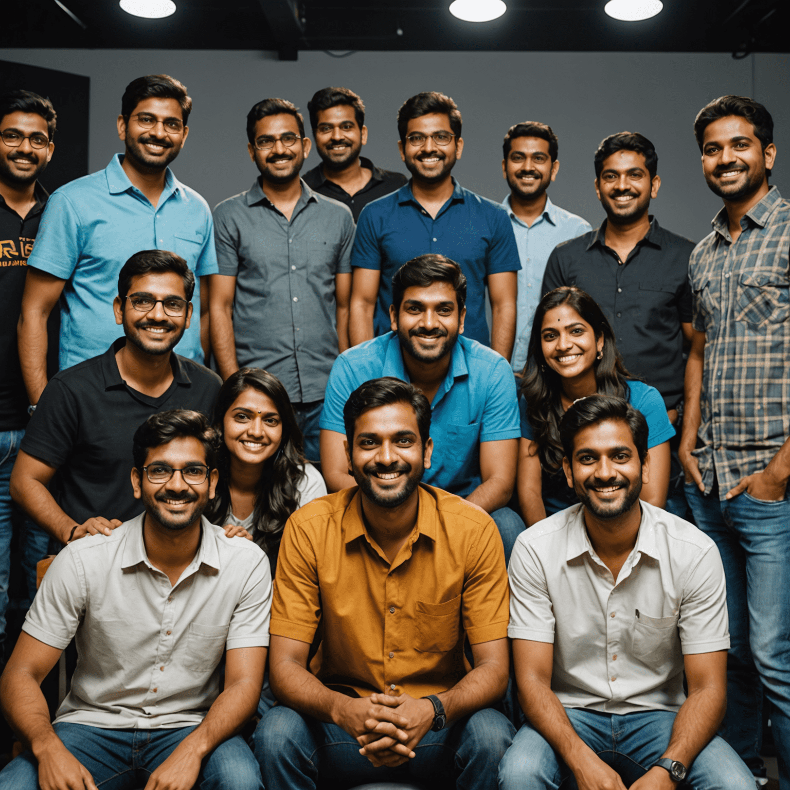 A group photo of smiling Indian game developers at a studio