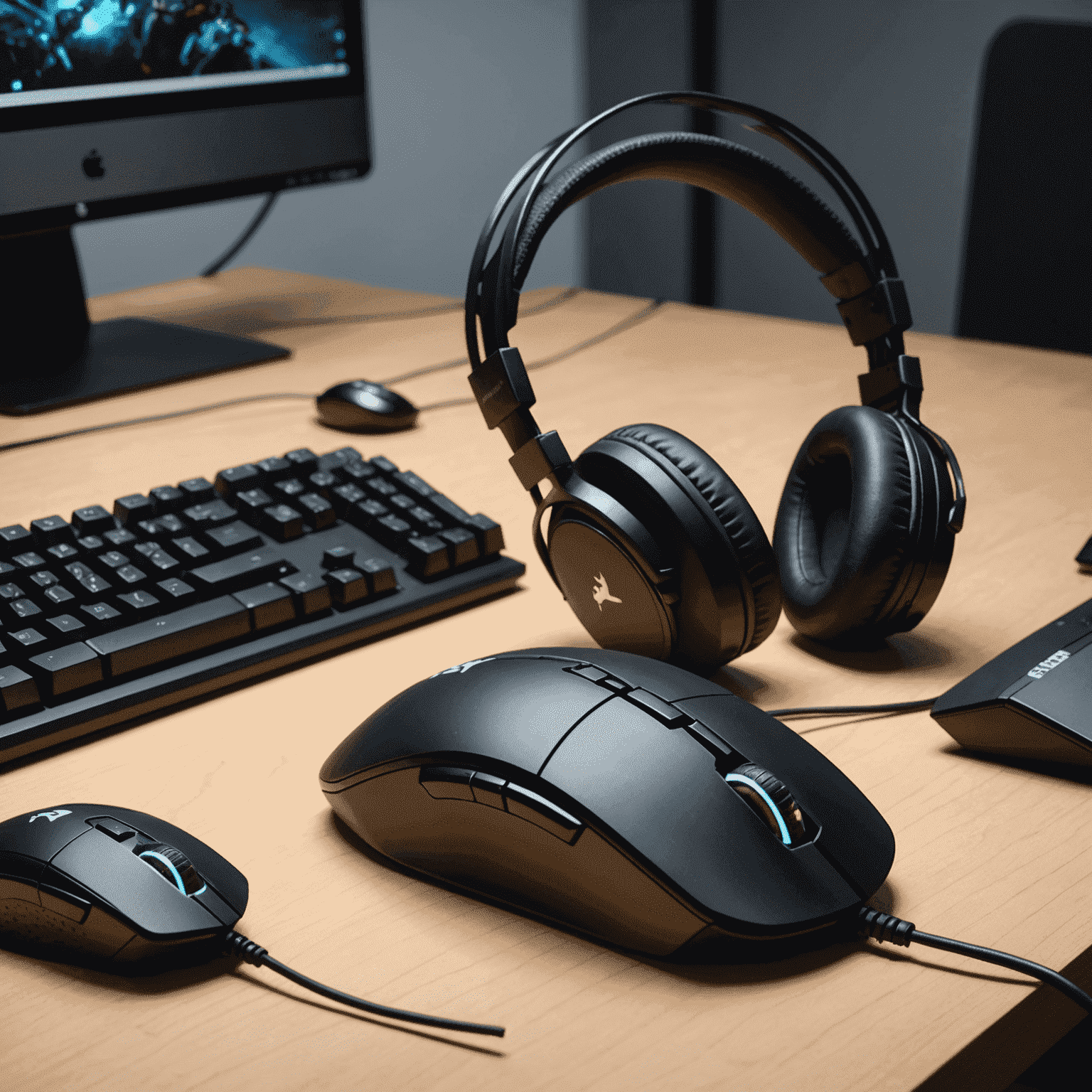 A gaming mouse, mechanical keyboard, and headset arranged on a desk