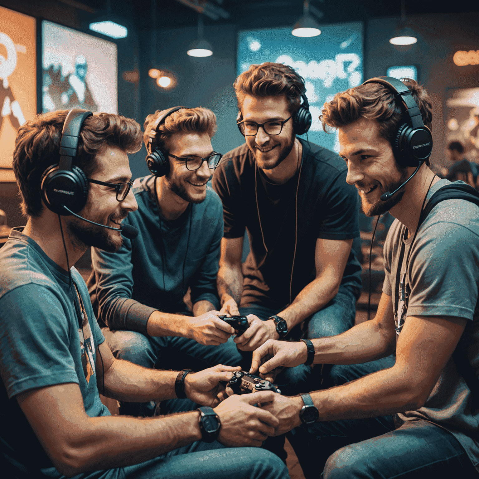 Illustration of a group of gamers interacting with each other, representing effective gaming community management services